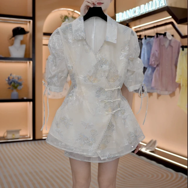 “繁花谍影”夏季国风新款气质个性遮肉显瘦衬衫套装 Y693