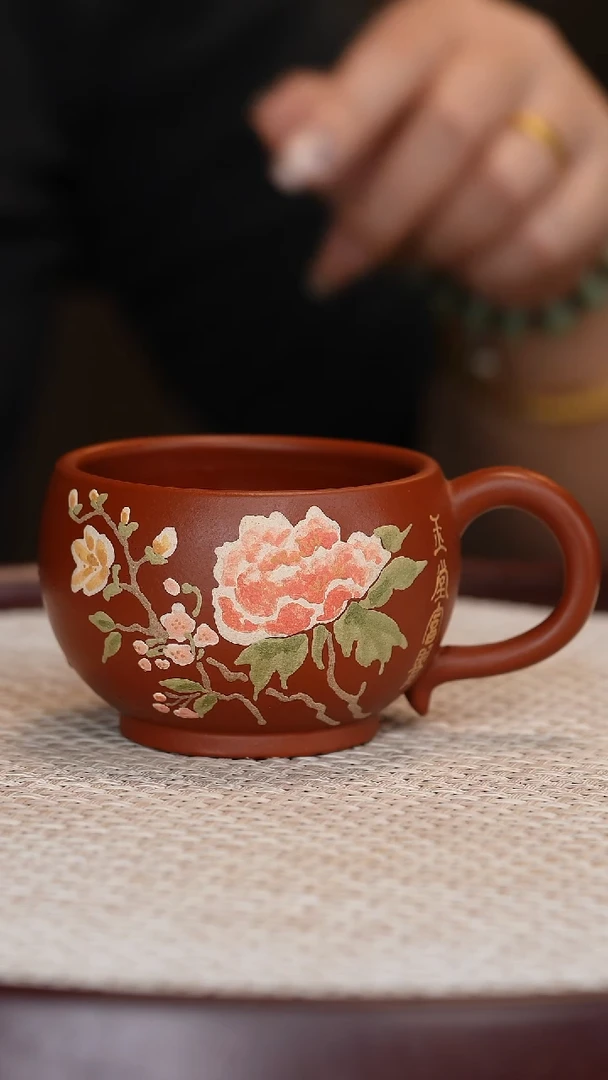 茶壶紫砂朱泥带把花开富贵主人杯