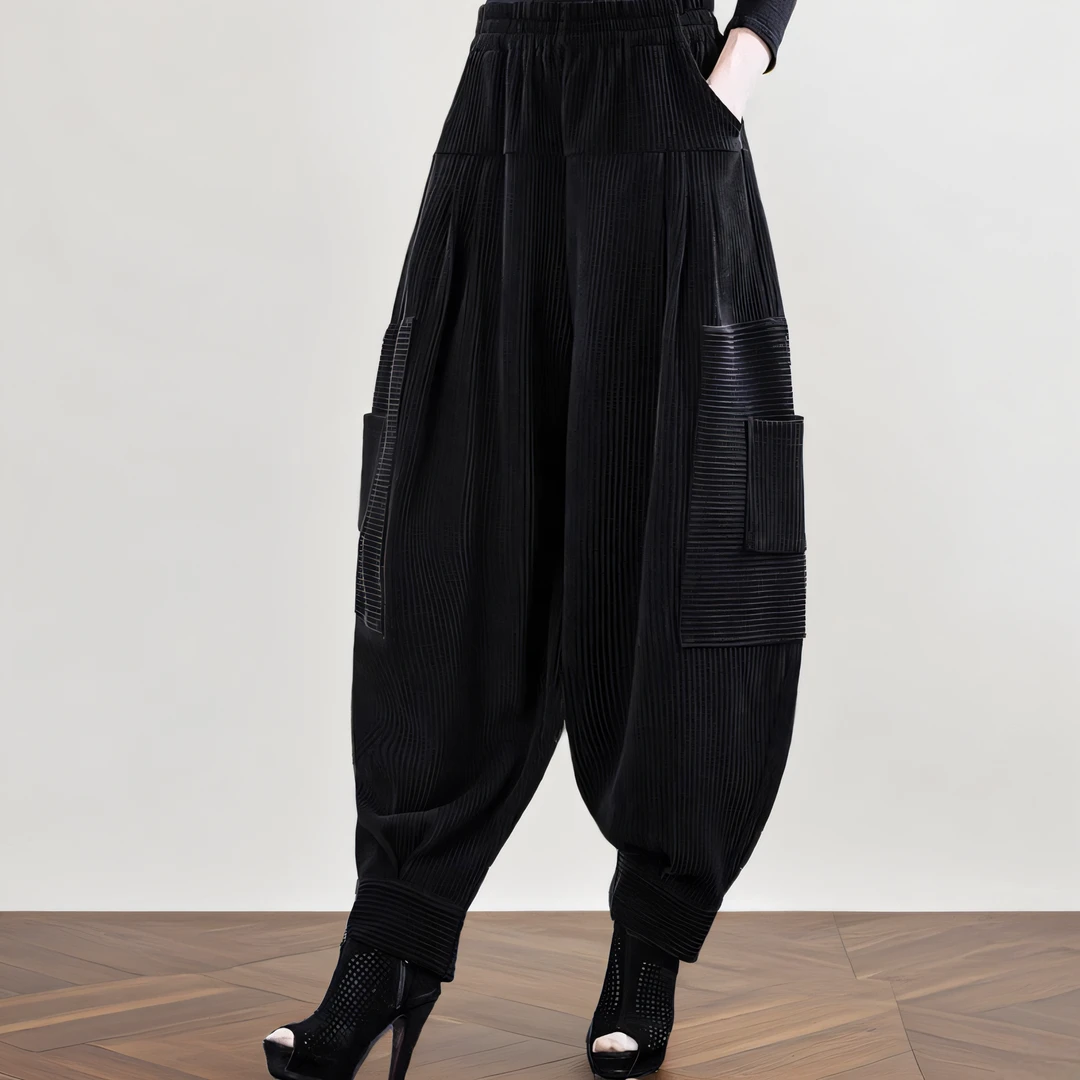 2025女款秋季宽松洋气哈伦裤条绒灯芯绒大码高女雪简约显瘦哈伦裤
