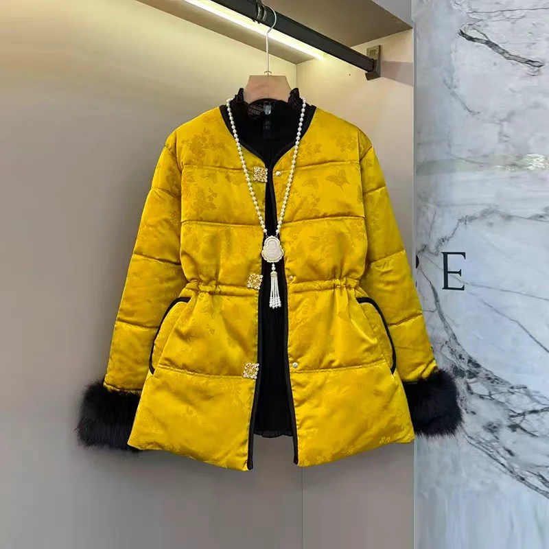 胖MM加肥毛毛袖口暗花收腰棉服大码女装复古风冬季款百搭显瘦外套