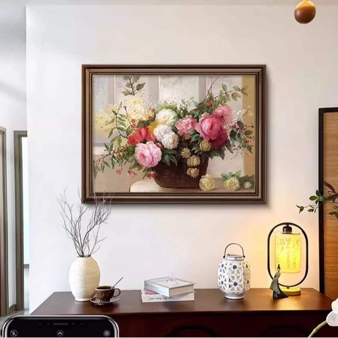 美式餐厅装饰画牡丹花开油画客厅挂画欧式玄关高级感壁画2025新款