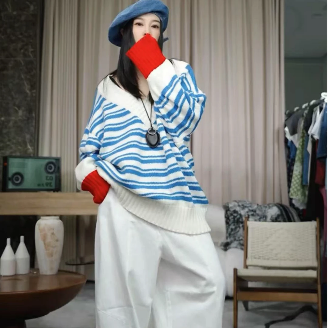 infobyfive2025秋冬新款撞色拼色宽松V领条纹毛衣2DK0702