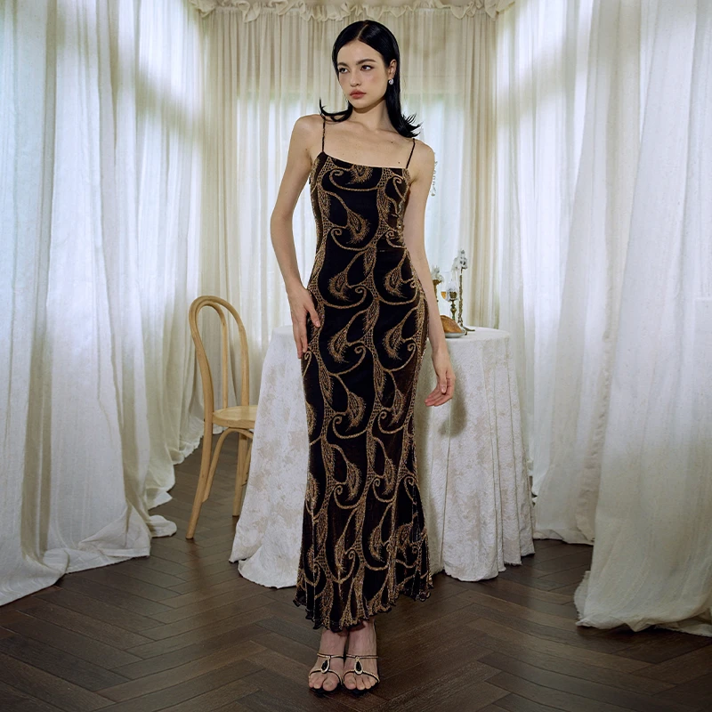 FIND YA WINDS原创凤凰于飞闪闪气质宴会修身吊带包臀长裙连衣裙