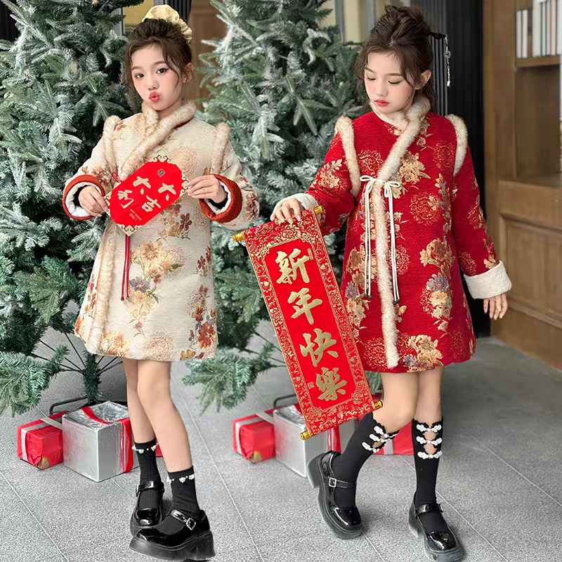 女童冬装裙2025新款拜年服旗袍连衣裙女孩加绒保暖表演汉服公主裙