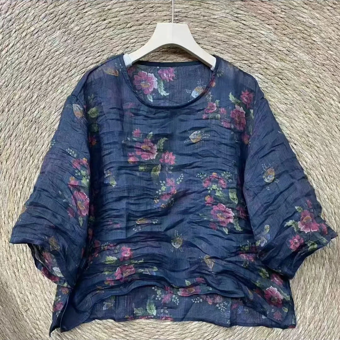 新款夏季女装七分袖套头衫中国风大码宽松100织苎麻品质圆领上衣