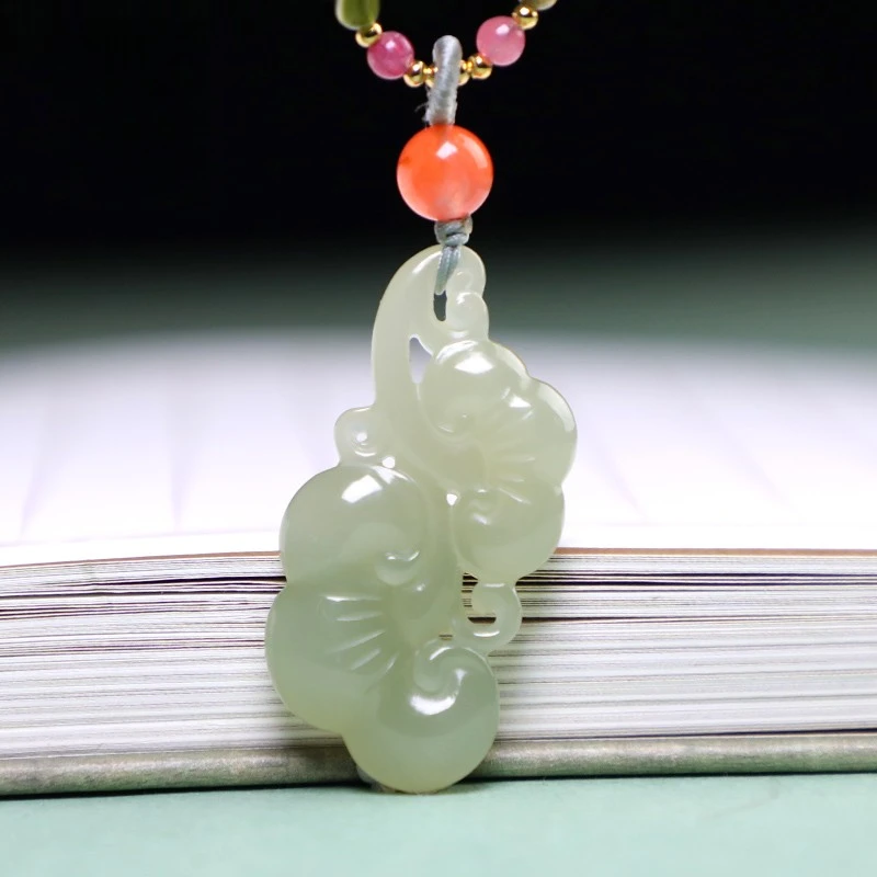 和田玉青白玉晴水灵芝如意吊坠如意男女款双面白玉挂件饰品气质