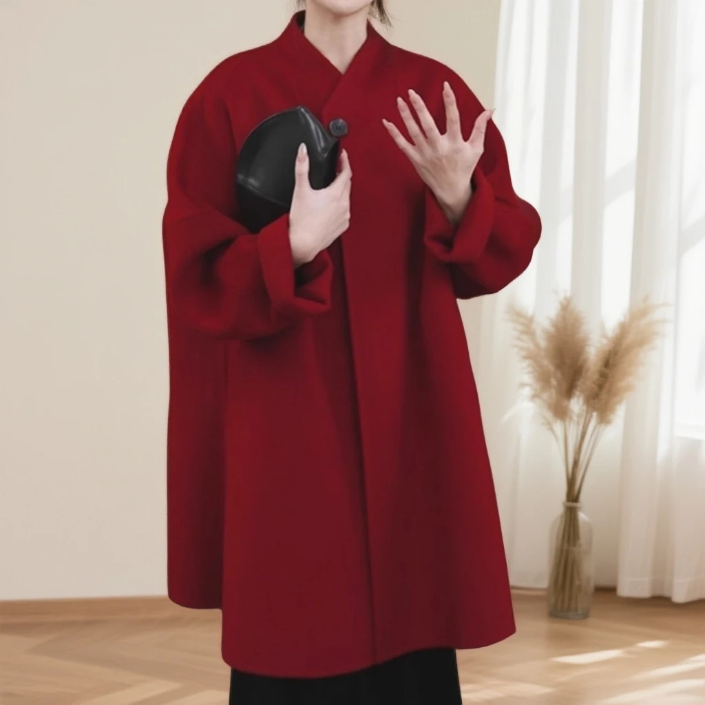 红色双面呢斗篷100羊毛大衣女2025秋冬手缝宽松保暖显瘦毛呢外套