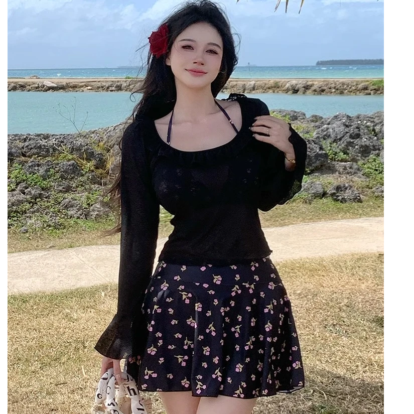 长袖比基尼大码胖mm微胖女孩泳衣女士裙式分体泡温泉遮肉显瘦泳装