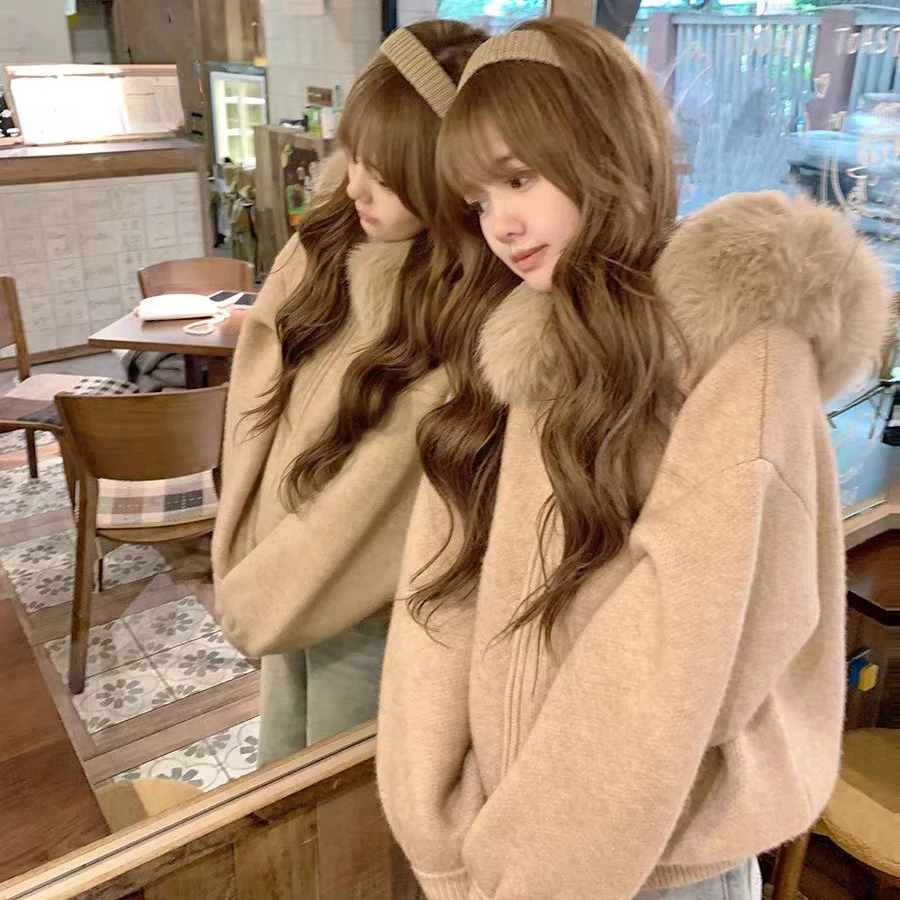 【加大加厚】【750高克重】高级感大毛领秋冬新款连帽针织开衫毛衣女