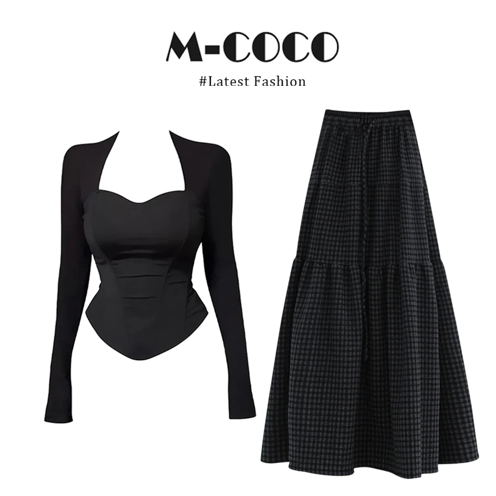 MARIE.COCO韩系纯欲风方领鱼骨坎肩长袖上衣黑灰格半身裙秋冬套装