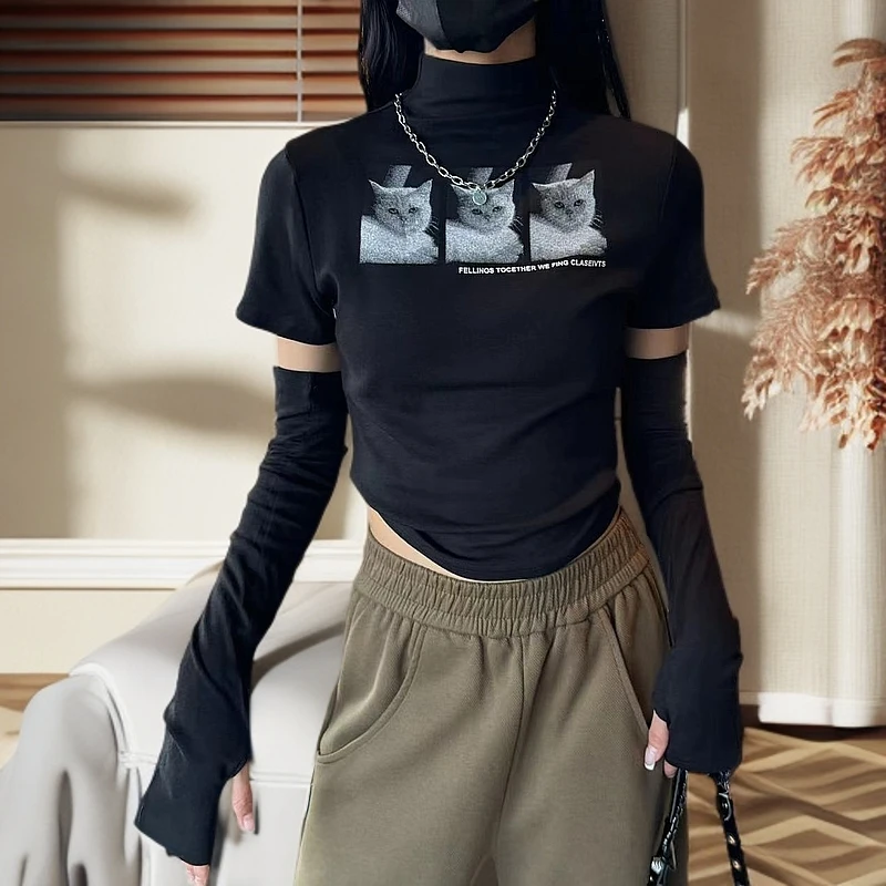 （双双家）甜辣妹显瘦上衣女秋季袖套猫咪印花打底衫XTE8063