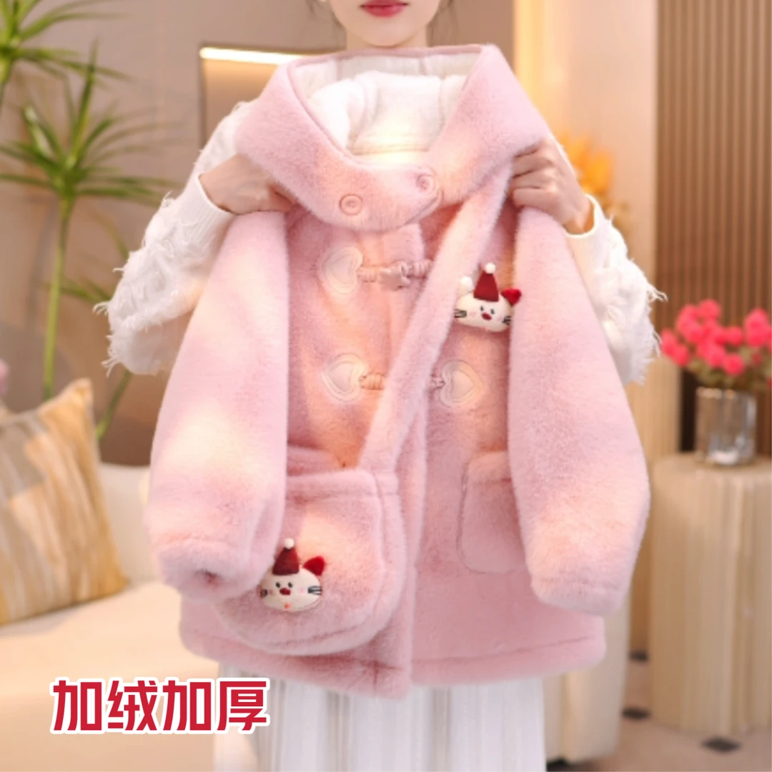 女童新年装加绒加厚毛毛衣外套2025韩版可爱百搭保暖外套拜年服潮