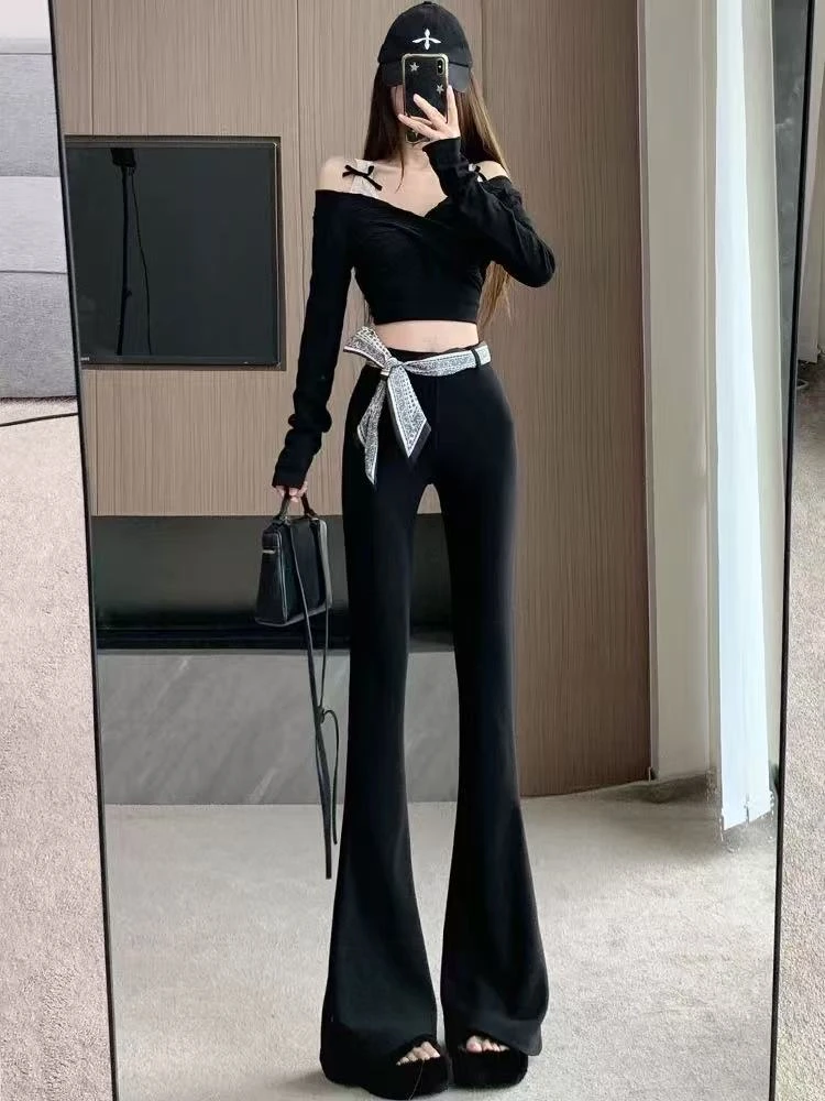 【送丝巾】加绒加厚马蹄西装裤女秋季绑带高腰微喇裤修身长裤