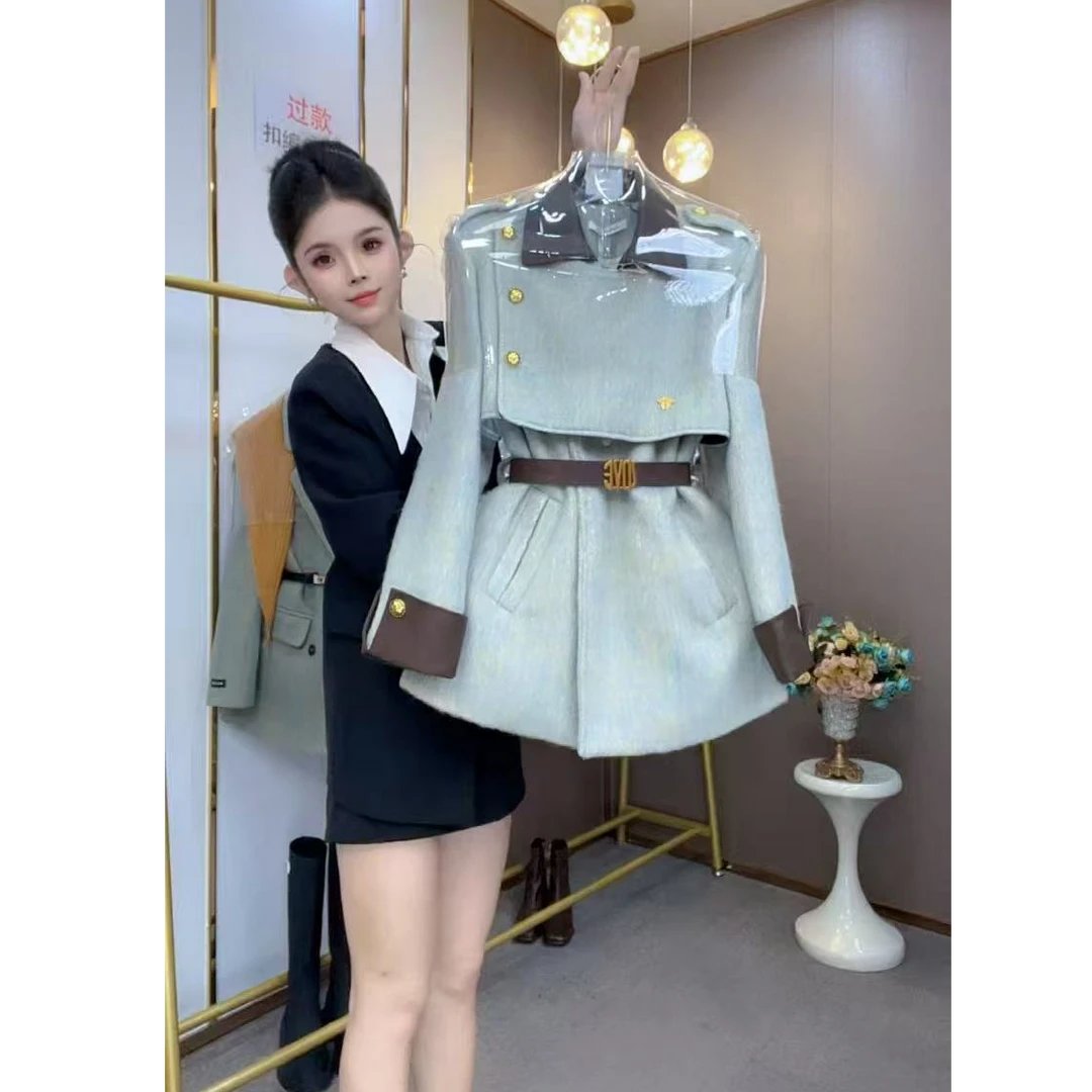 2025秋冬法式复古撞色拼格小西装加厚外套女半身裙裤时尚套装