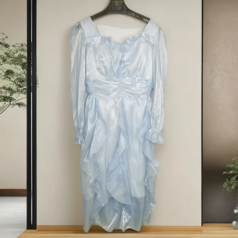 0215蓝色仙女裙夏季新款法师高级感荷叶边连衣裙