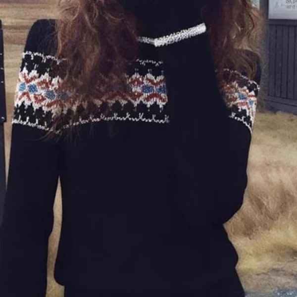 烬黑色费尔岛提花圆领毛衣女2025冬季韩系复古不撞款宽松针织衫上