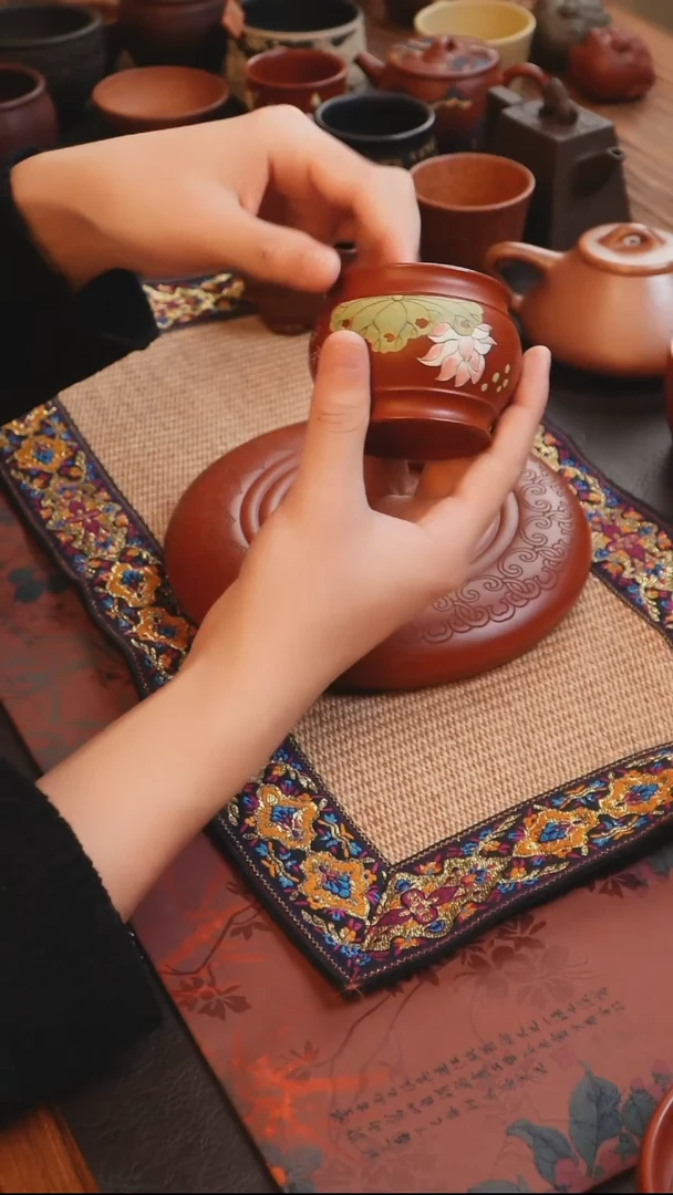 茶杯紫砂见素造器朱泥彩色荷叶莲花缸杯