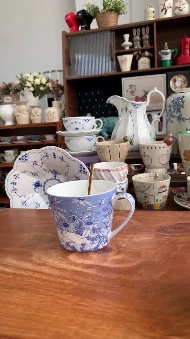 瓷【直杯】白猫骨瓷马克杯【送勺】