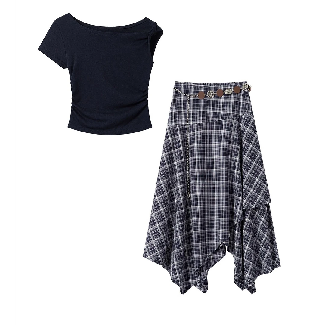 羊城故事-短袖款净版上衣格纹不规则半身裙女时尚百搭套装25300