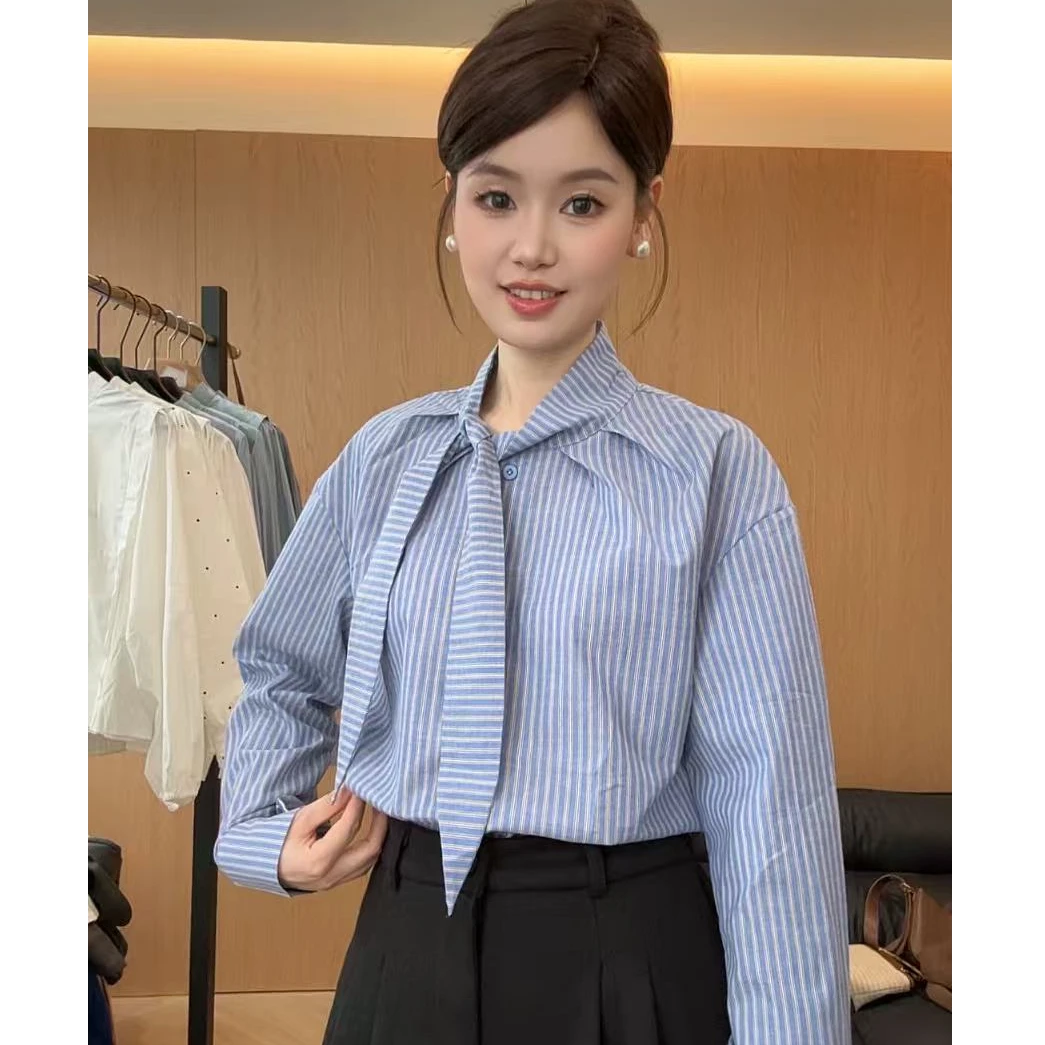 秋季新款韩系条纹飘带衬衫女甜美长袖百搭衬衣