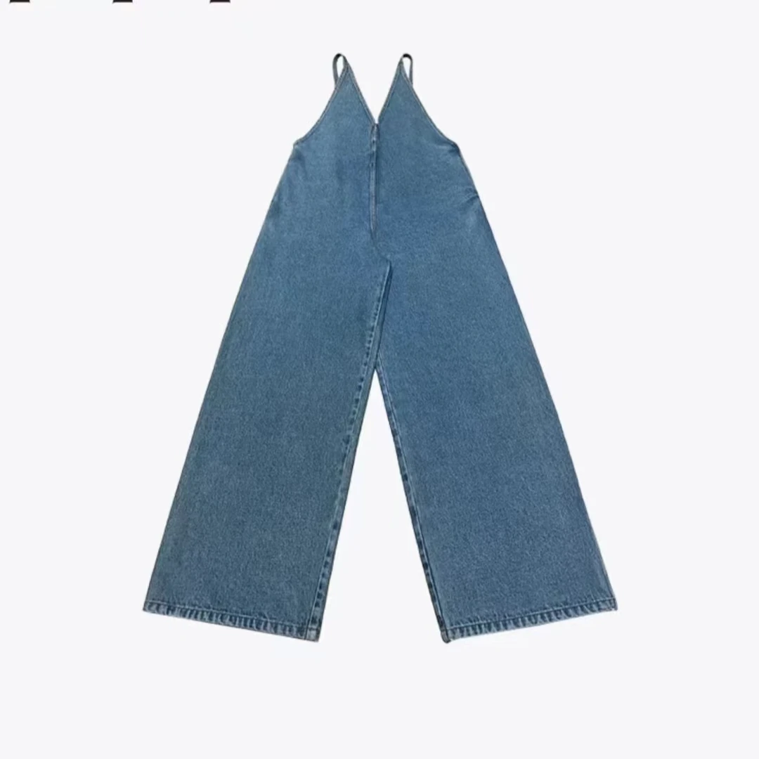 2024早春极简V领吊带阔腿裤牛仔背带裤K115001