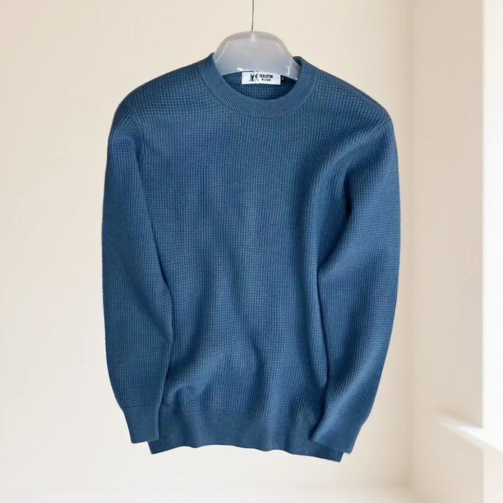 针织华夫格纹面料男士秋冬加厚糖果色毛衣长袖保暖-556