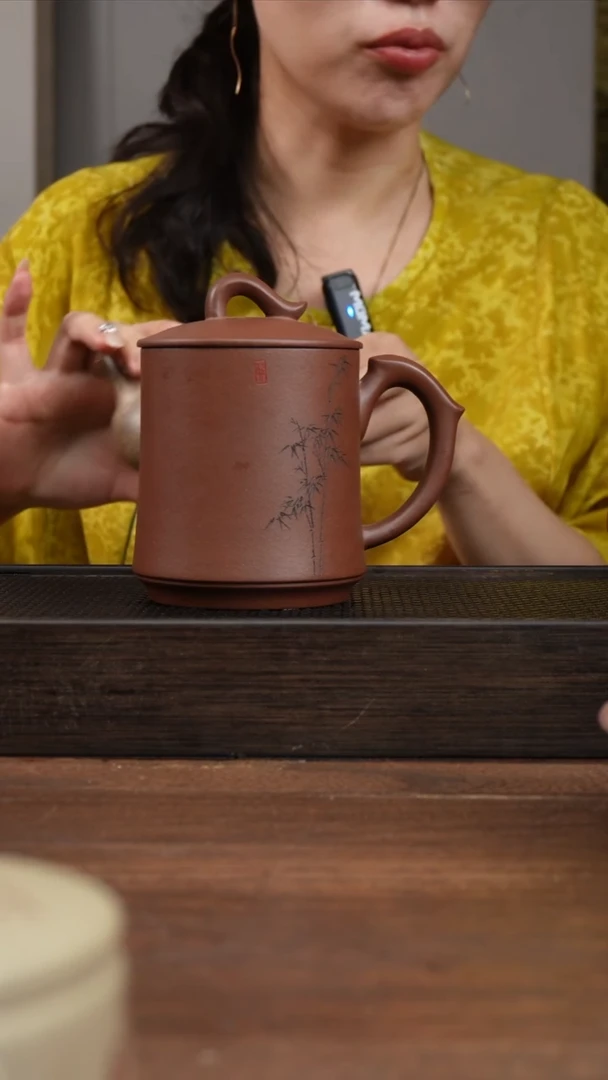 茶壶紫砂紫泥一帆风顺刻绘盖杯 ！