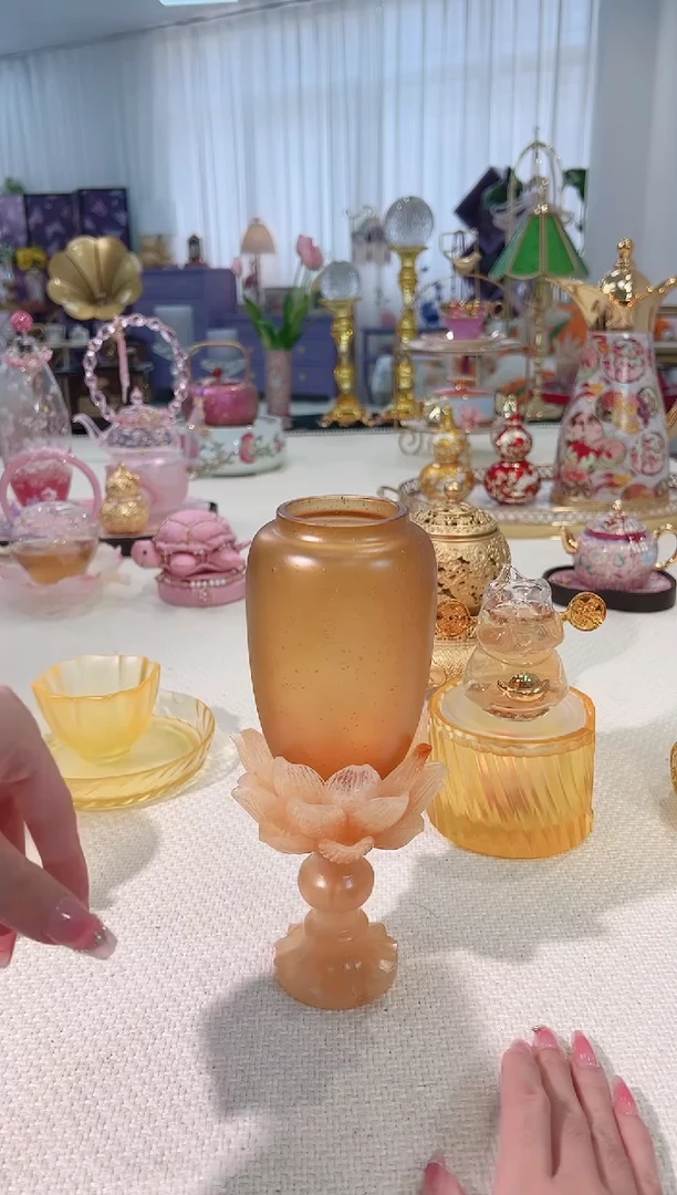 古法琉璃 琥珀色莲花烛灯/如图