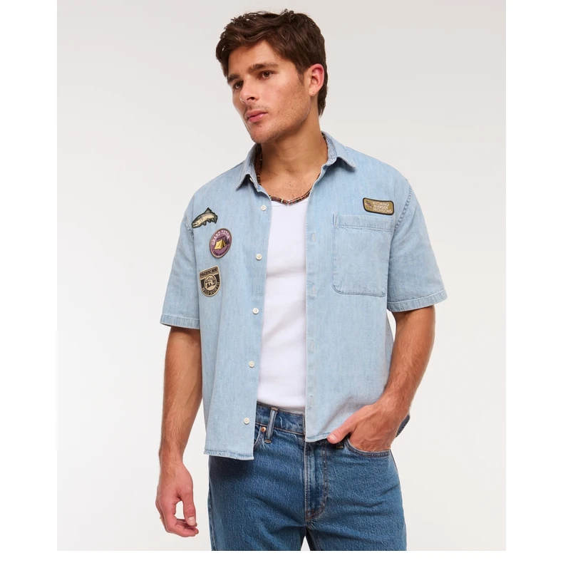 AF美式复古时尚潮流短袖工装风个性贴布衬衫25夏季男装125-5229