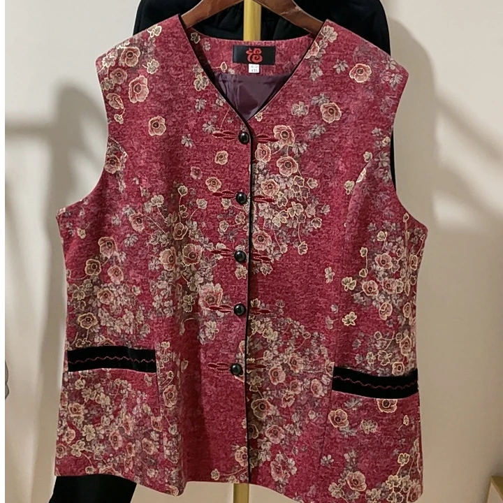 中老年女装外套妈妈装秋冬马甲老年人衣服宽松舒适背心红色中式