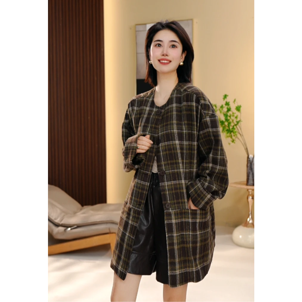 BEIJU 2025新款复古时尚气质百搭宽松显瘦轻奢洋气格子外套女6327
