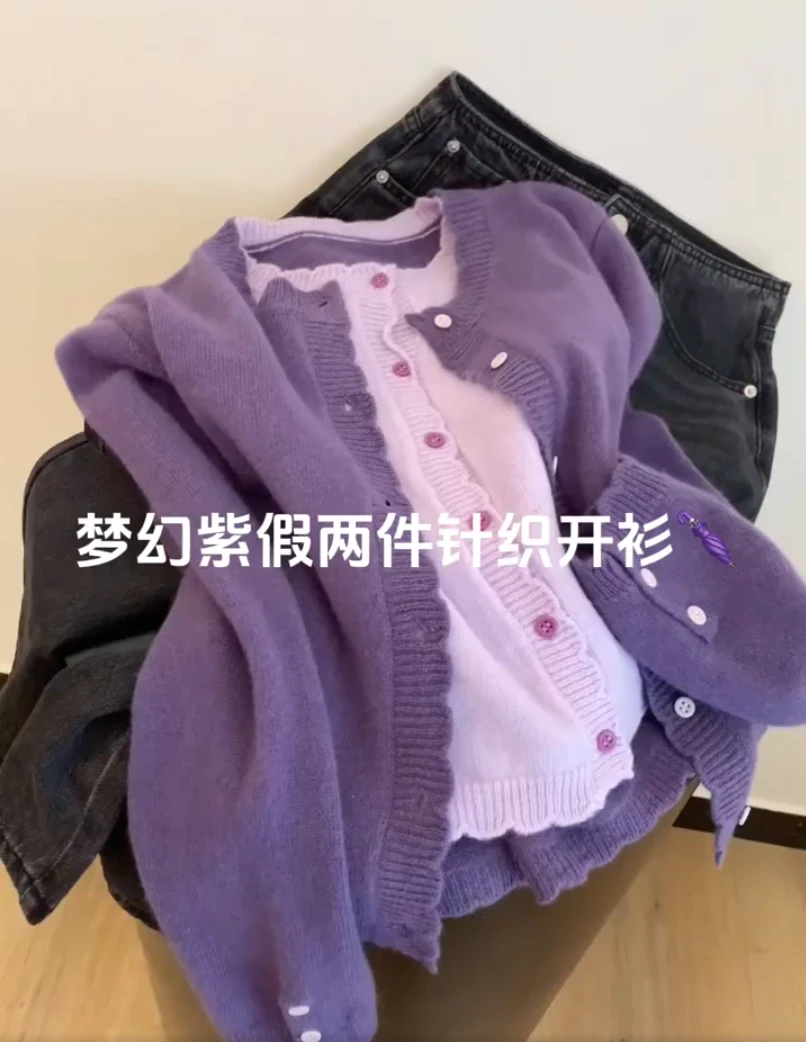 2025韩版宽松显瘦拼接薄款长袖刺绣毛针织衫圆领宽松慵懒风假两件