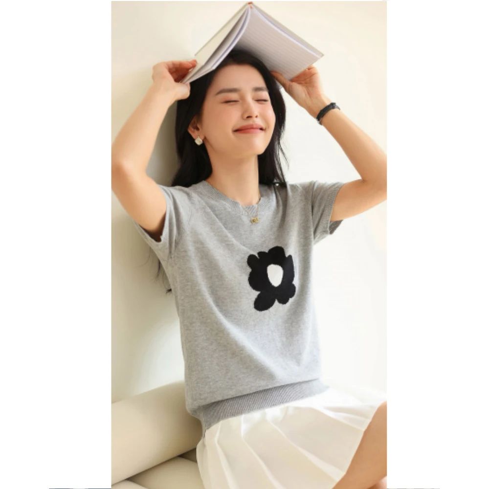 夏季薄款提花针织宽松吸汗透气棉线短袖