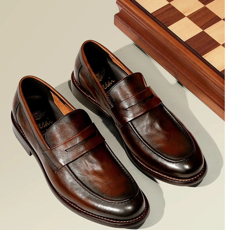 【总裁系列】冬季新款乐福鞋手抓纹英伦真皮休闲高端时尚男士皮鞋