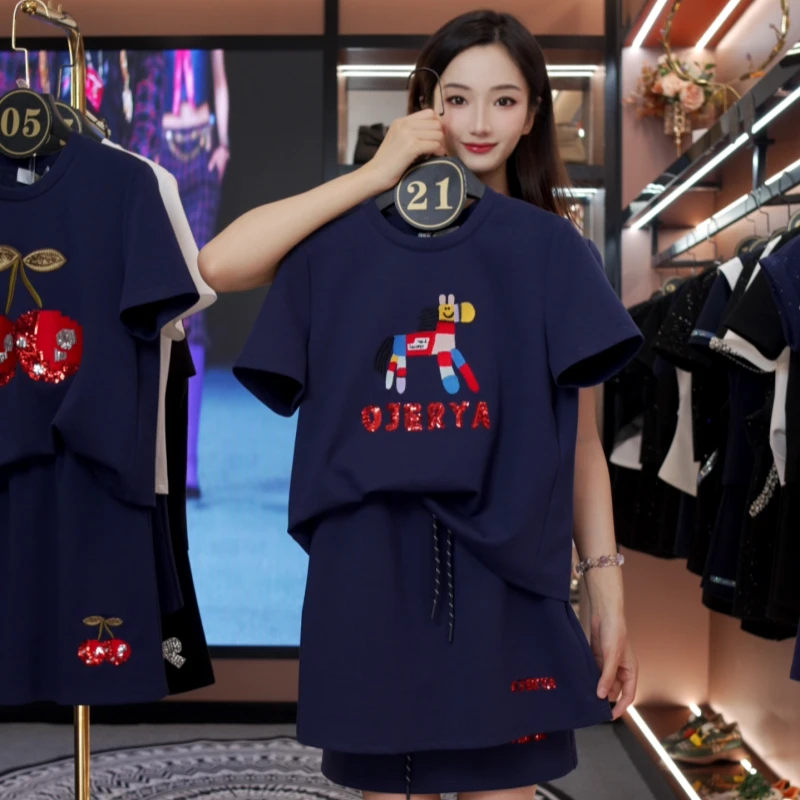 【cc】刺绣七彩小马宽松版夏季短袖套裙两件套连衣裙JC-A3529