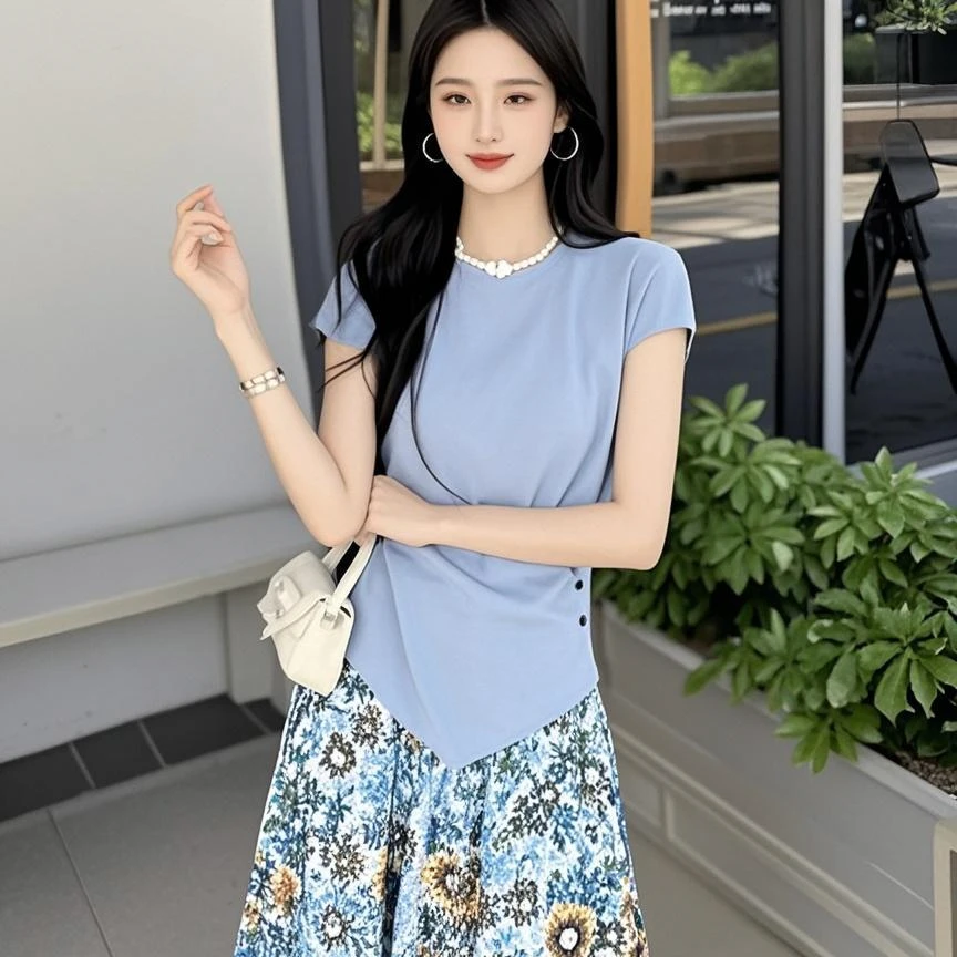 331-1韩版不规则短袖针织上衣碎花半身裙两件套夏季新款洋气套装