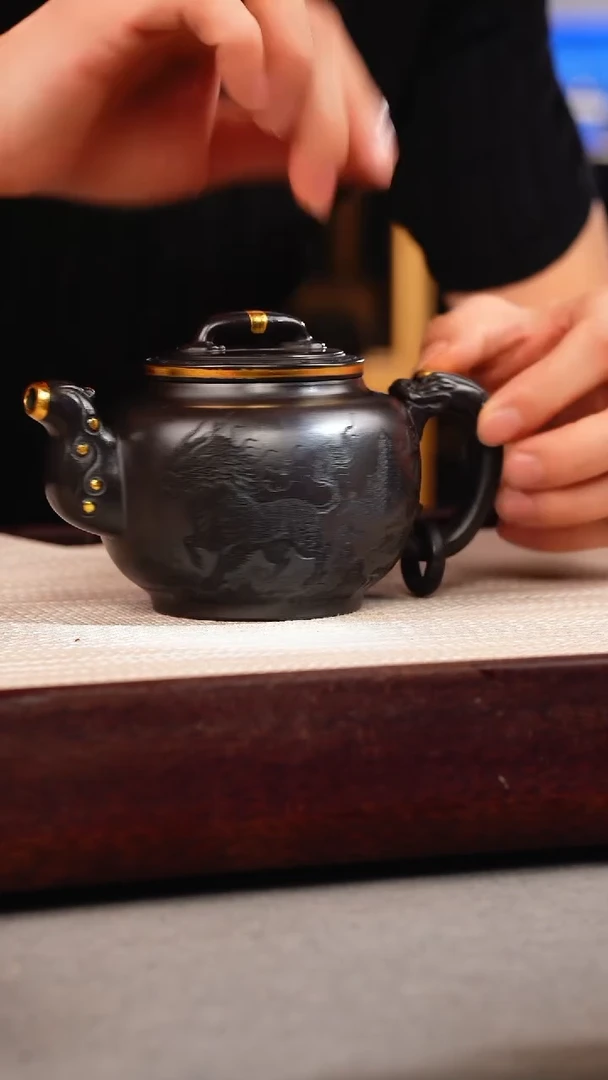 茶杯紫砂石黄 如意鼓壶 麒麟 描金