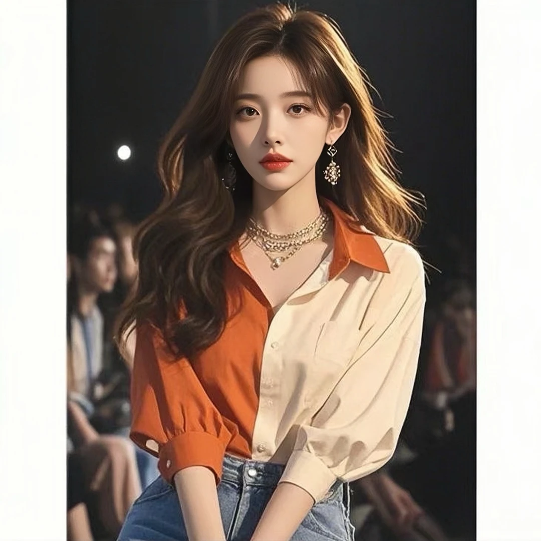 夏季气质上衣女2025新款高级感高端小衫橙色拼色防晒衬衫