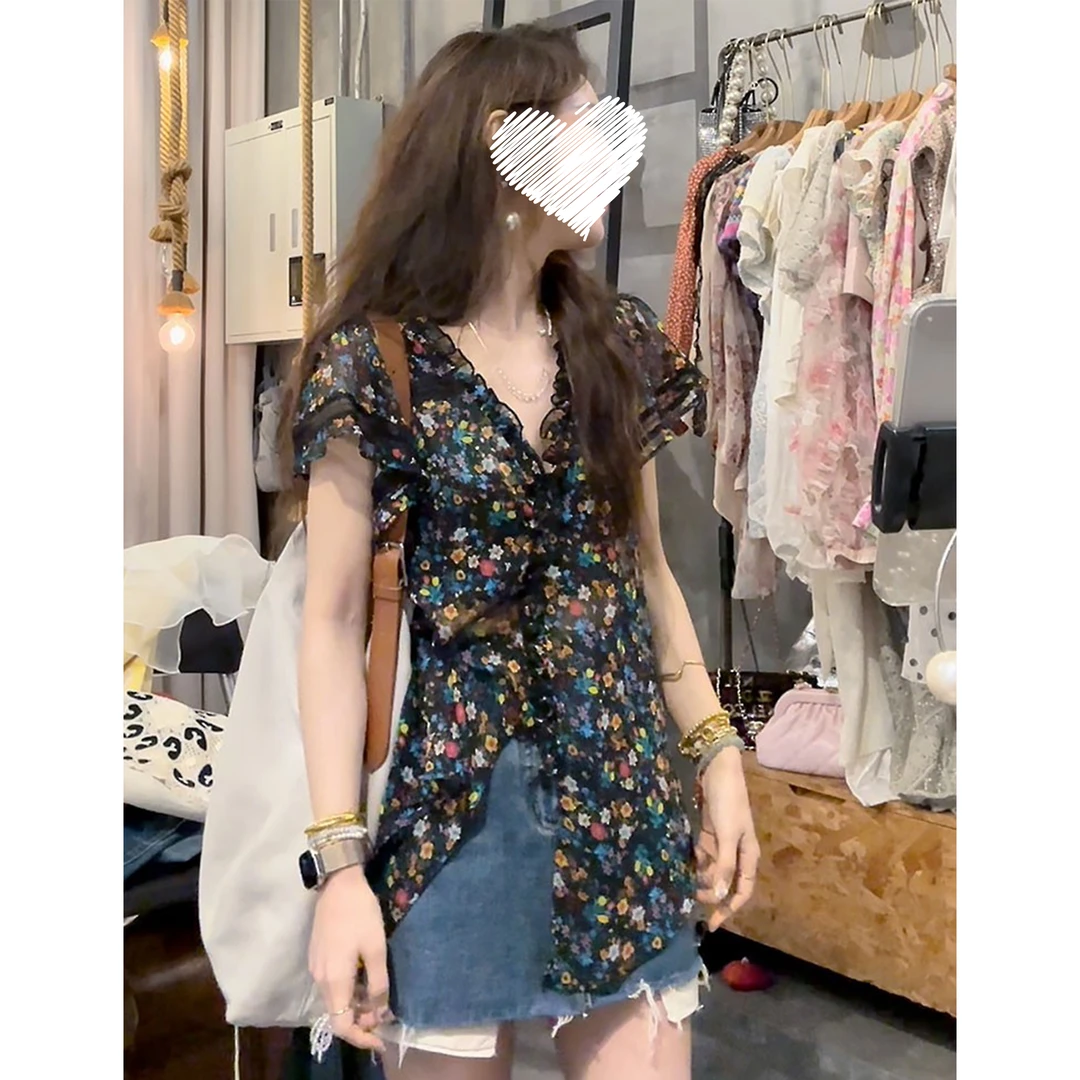 微胖大码法式碎花衬衫女士新款轻奢高级感黑色衬衣漂亮气质上衣女