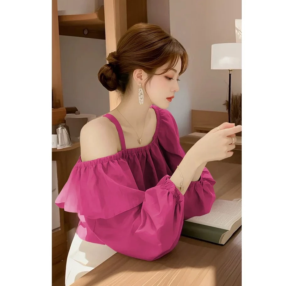 2025小个子春夏新款法式气质露肩长袖衬衫小众设计独特漂亮上衣潮