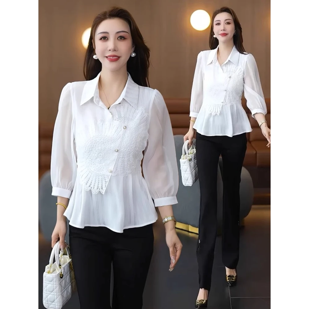 时尚蕾丝长袖衬衫女2025春夏新款洋气质设计感不规则衬衣小众上衣