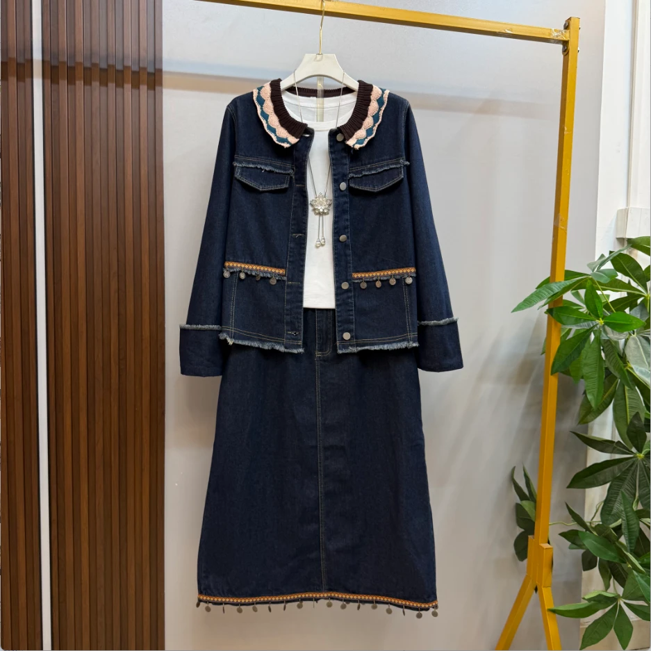 早秋新款时尚洋气轻奢赫本风牛仔外套十遮臀半身裙两件套