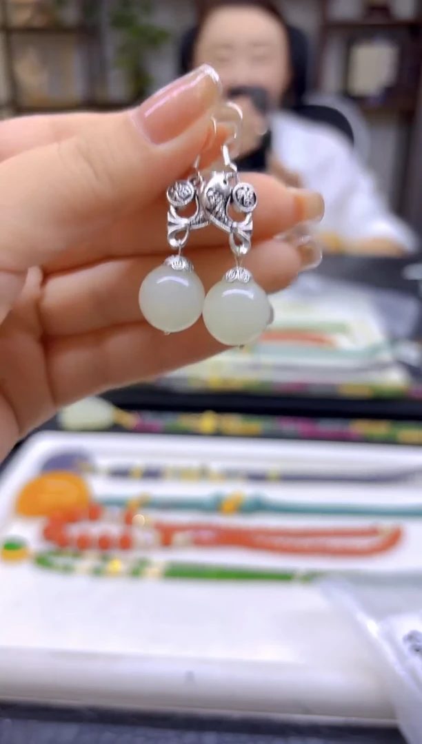 和田玉（白玉）银S925镶嵌耳饰DIY款E783