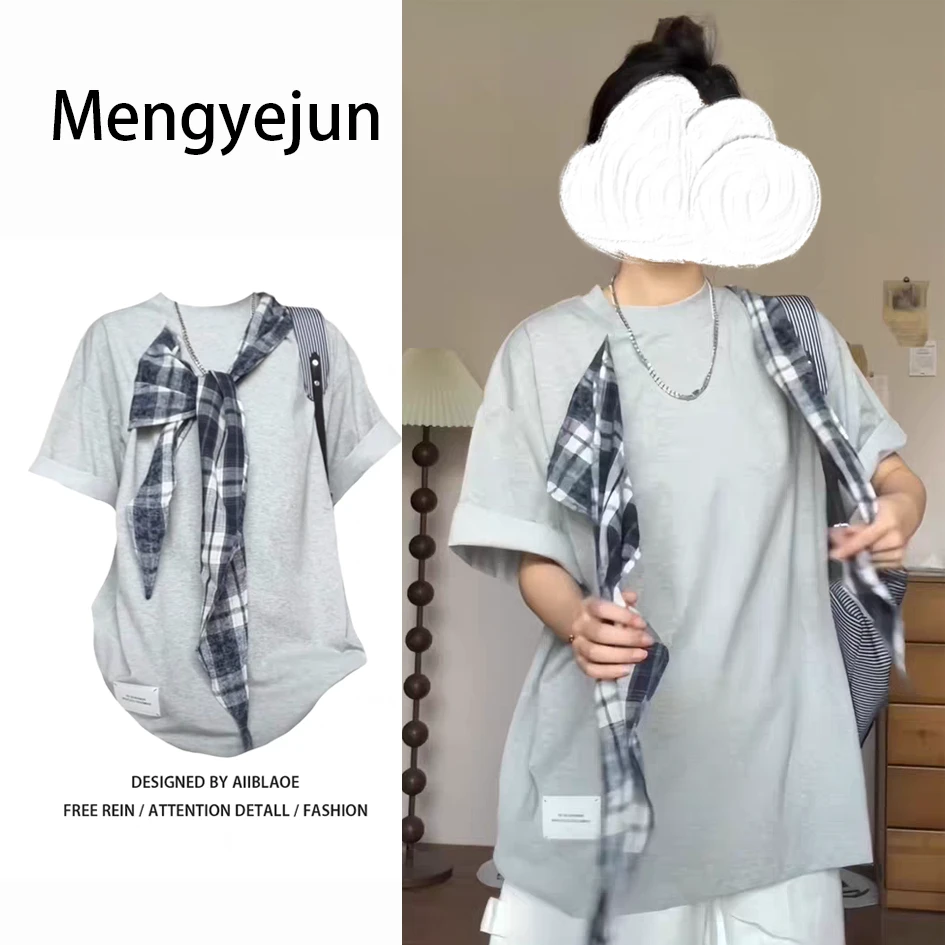 美式复古格纹拼接绑带正肩短袖T恤女夏季小众设计感宽松显瘦上衣