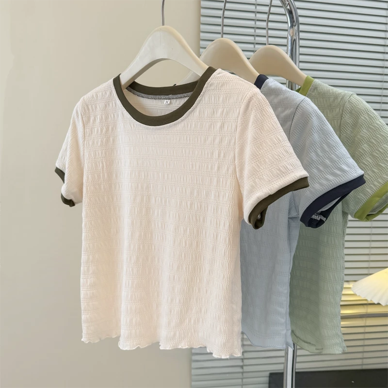 杏色正肩短袖T恤女夏季2025春秋新款木耳边显瘦圆领拼色短款上衣