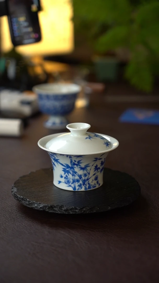 景德镇青花竹子二才盖碗