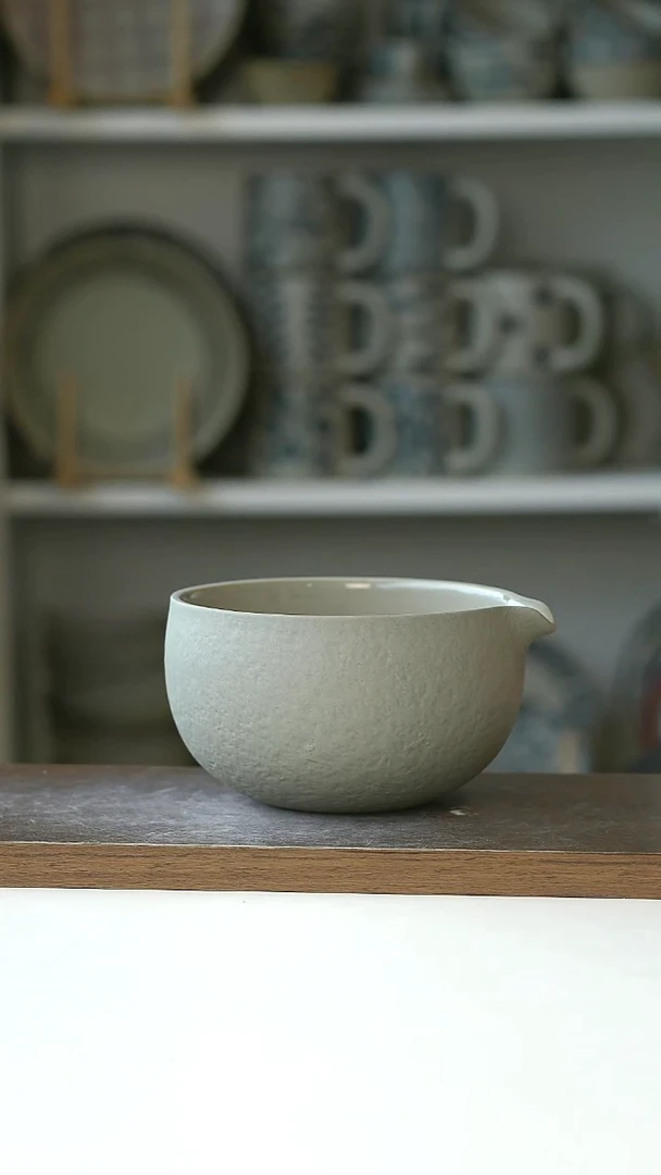 微瑕粗陶垂纹抹茶碗灰色14cm/500ml@4-2@