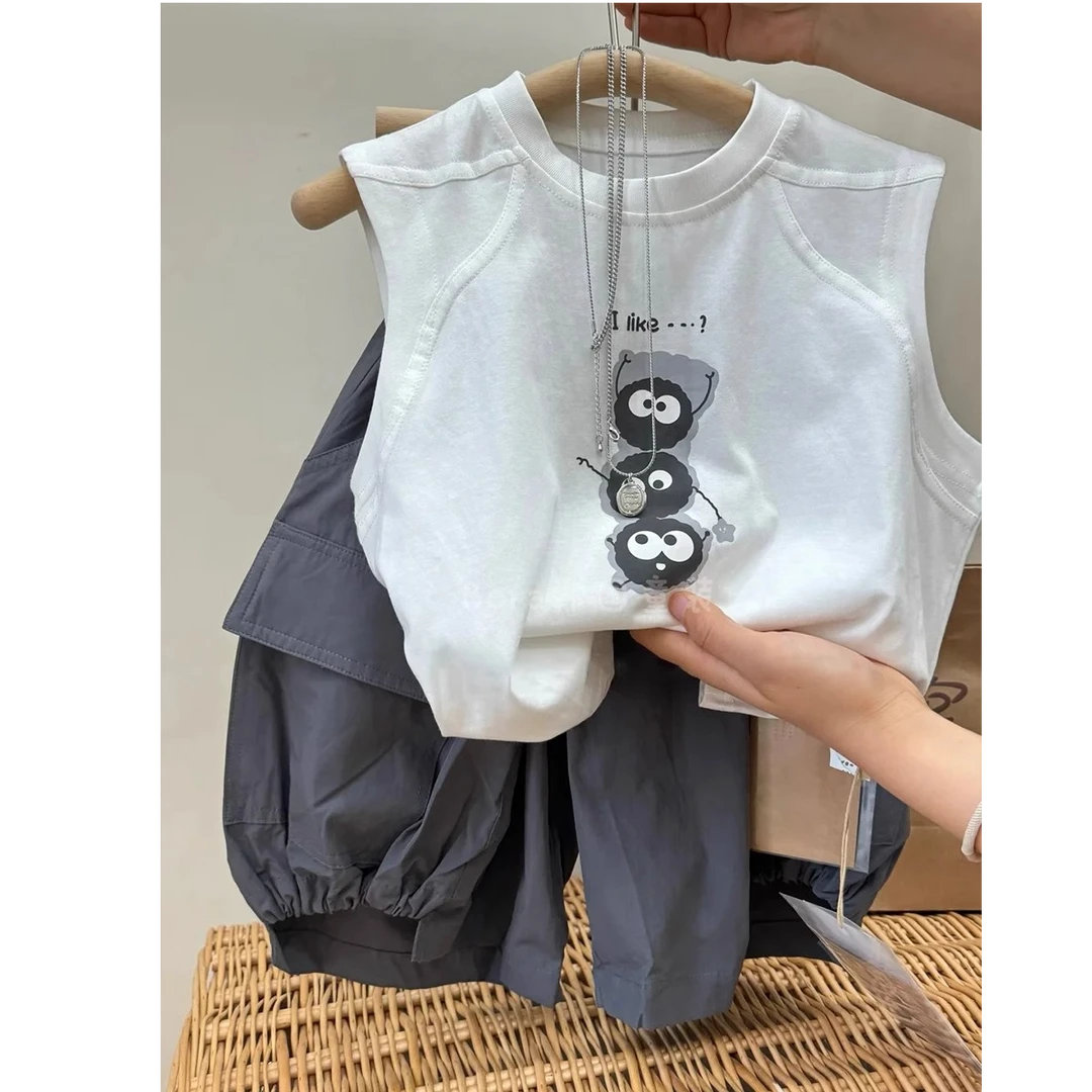【现货】男童无袖T恤套装夏装2025新款痞帅卡通背心宝宝白色套装潮