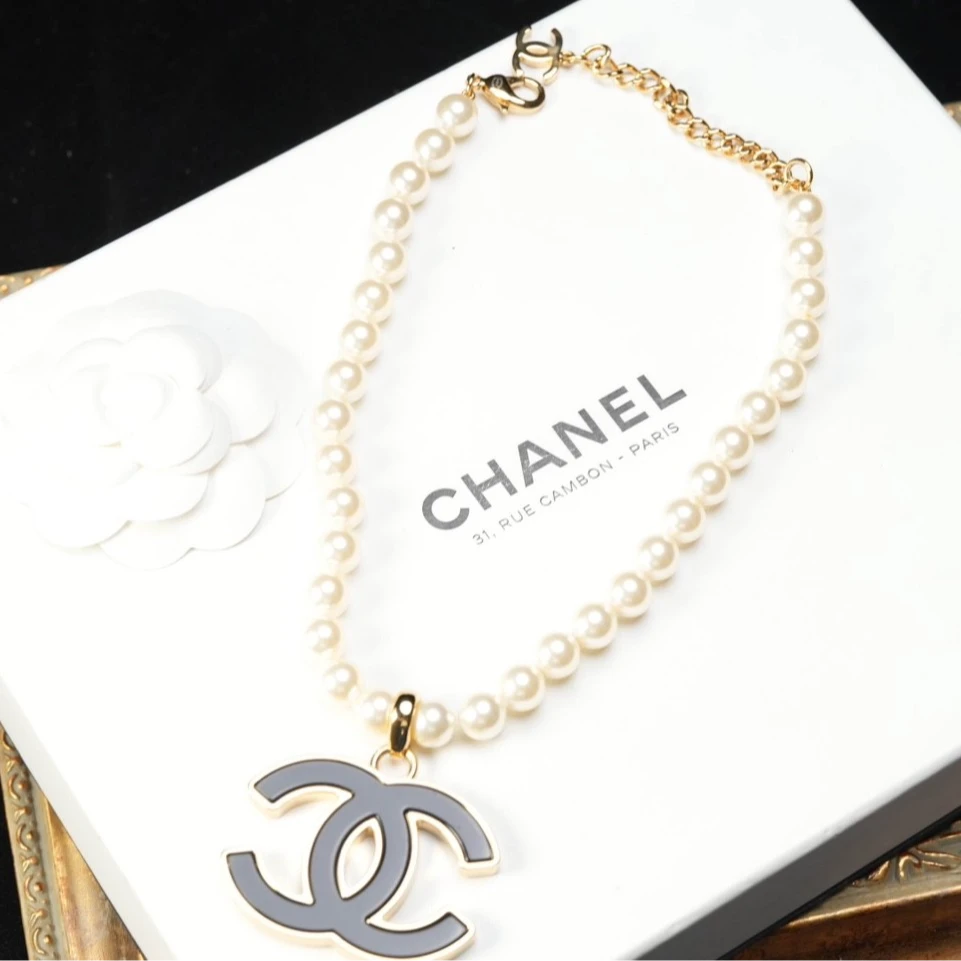 95新 Chanel/香奈儿 中古柚礼/香奈儿黑色双C珍珠项链xp
