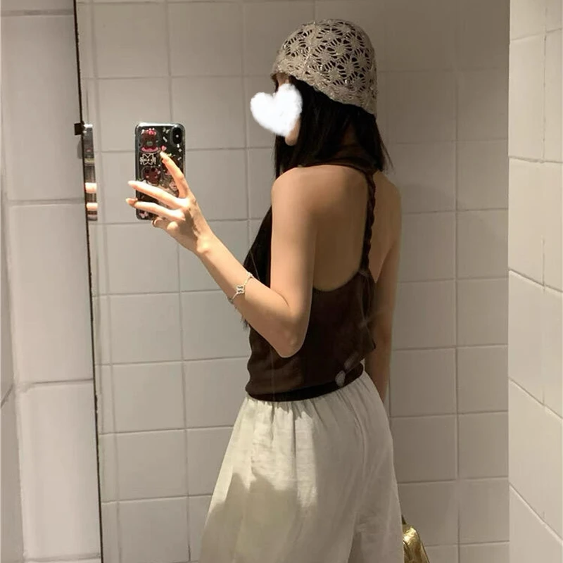 YIDENG韩系chic高级感荡领挂脖背心女夏季咖色修身显瘦露背无袖上